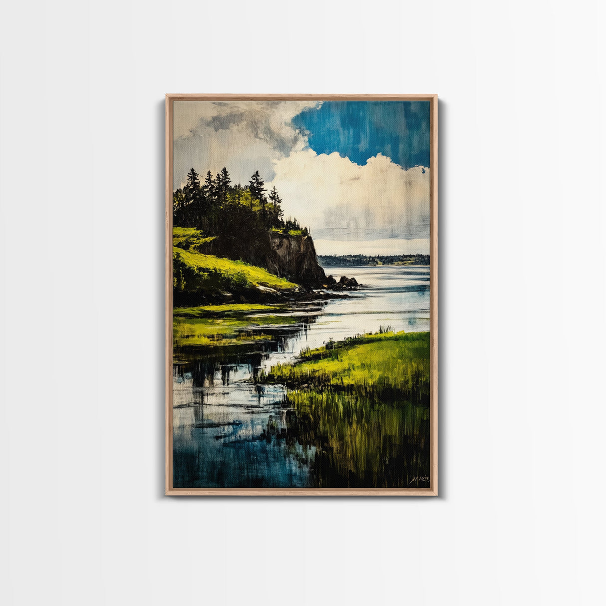 Lake Serenity, Peaceful Waters, Scenic Landscape, Nature Wall Art, Vibrant Green and Blue, Framed Canvas Print, Relaxing Home Decor