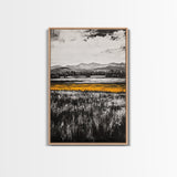 Golden Meadow, Black and White Landscape with Yellow Accents, Minimalist Nature Wall Art, Framed Canvas Print, Living Room or Office Decor