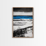 Ocean Horizon, Minimalist Seascape Painting, Black White and Blue Coastal Art, Framed Canvas Print, Modern Living Room or Office Wall Decor