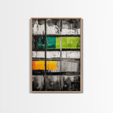 Modern Window Abstract, Black and White with Green and Yellow, Geometric Wall Art, Contemporary Interior Design, Framed Canvas Print