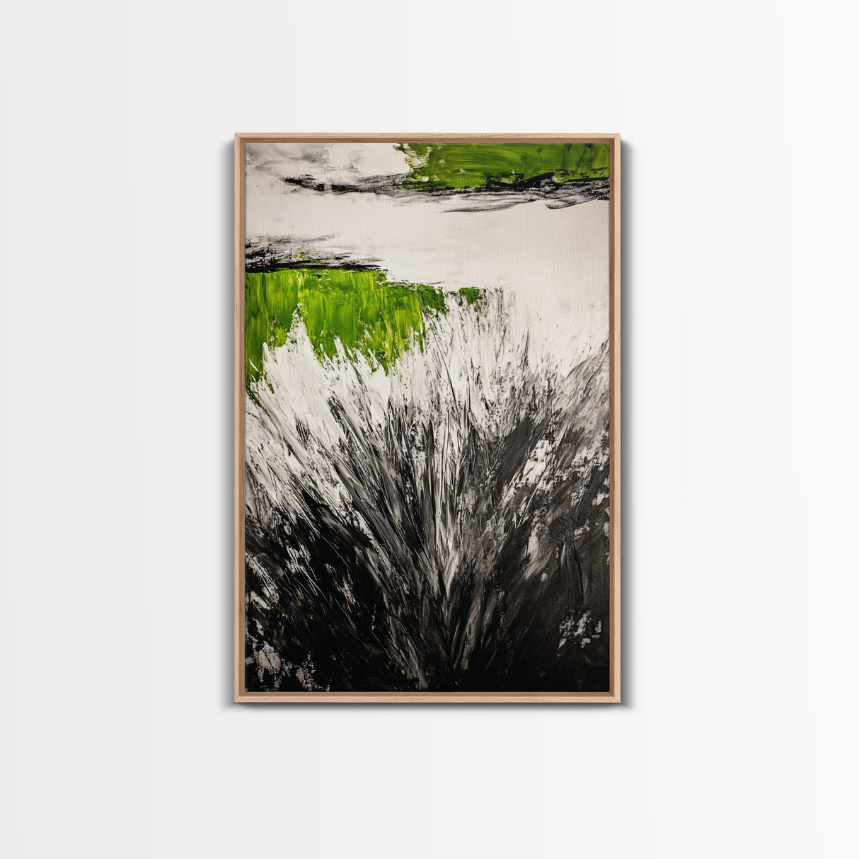 Wild Grass, Black and White with Green Accents, Abstract Nature Painting, Framed Canvas Print, Rustic Farmhouse or Living Room Decor