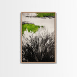 Wild Grass, Black and White with Green Accents, Abstract Nature Painting, Framed Canvas Print, Rustic Farmhouse or Living Room Decor