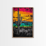 Desert Cactus, Vibrant Sunset Southwest Painting, Bold Desert Art, Framed Canvas Print, Western Home or Office Wall Decor