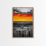 Sunset Landscape, Rustic Fence, Fiery Sky Art, Bold Color Wall Art, Abstract Nature Scene, Canvas Print, Boho Home Decor