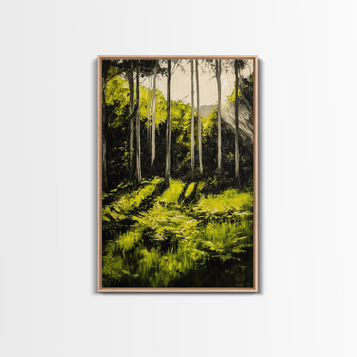 Forest Scene, Green Woodland Art, Sunlit Trees Print, Serene Nature Wall Decor, Cozy Cabin Art, Framed Canvas Print, Rustic Home Decor