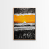 Fiery Sunset, Dramatic Sky, Ocean Scene, Framed Canvas Print, Fall Wall Art, Large Beach Painting, Contemporary Art, Sunset Horizon