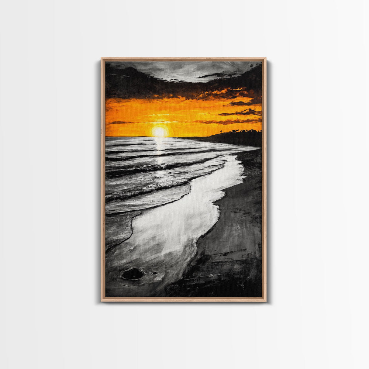 Golden Beach, Sunset Painting, Coastal Horizon, Framed Canvas Print, Seascape Art, Warm Fall Colors, Large Wall Art, Minimalist Style