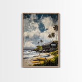 Beach Surf Shack, Tropical Art, Coastal Wall Decor, Nautical Framed Canvas Print, Surfing Gift, Ocean Sunset, Living Room Art