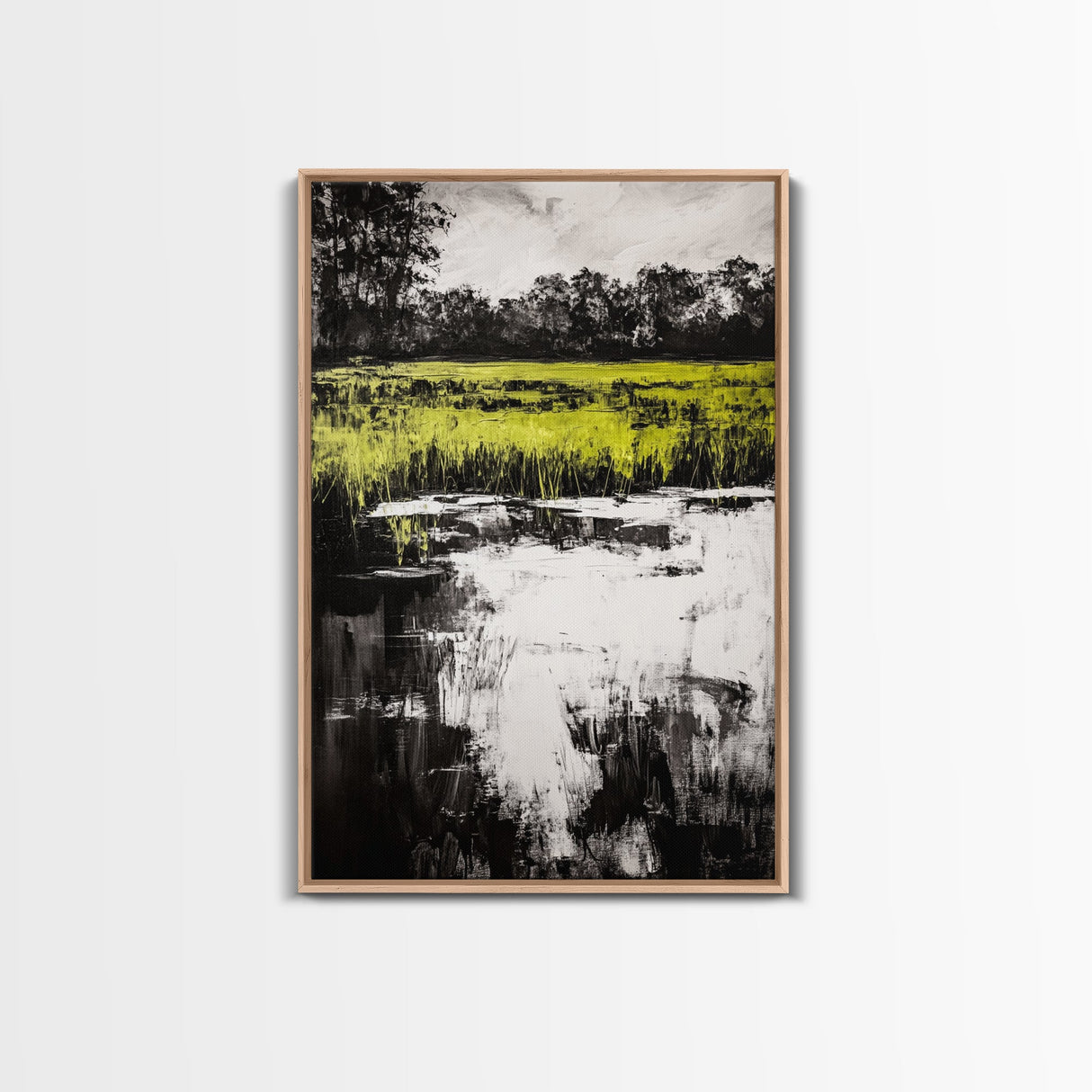 Marshland Reflections, Nature Landscape, Black and White Wall Art, Rustic Home Decor, Framed Canvas Print, Minimalist Aesthetic, Office Art