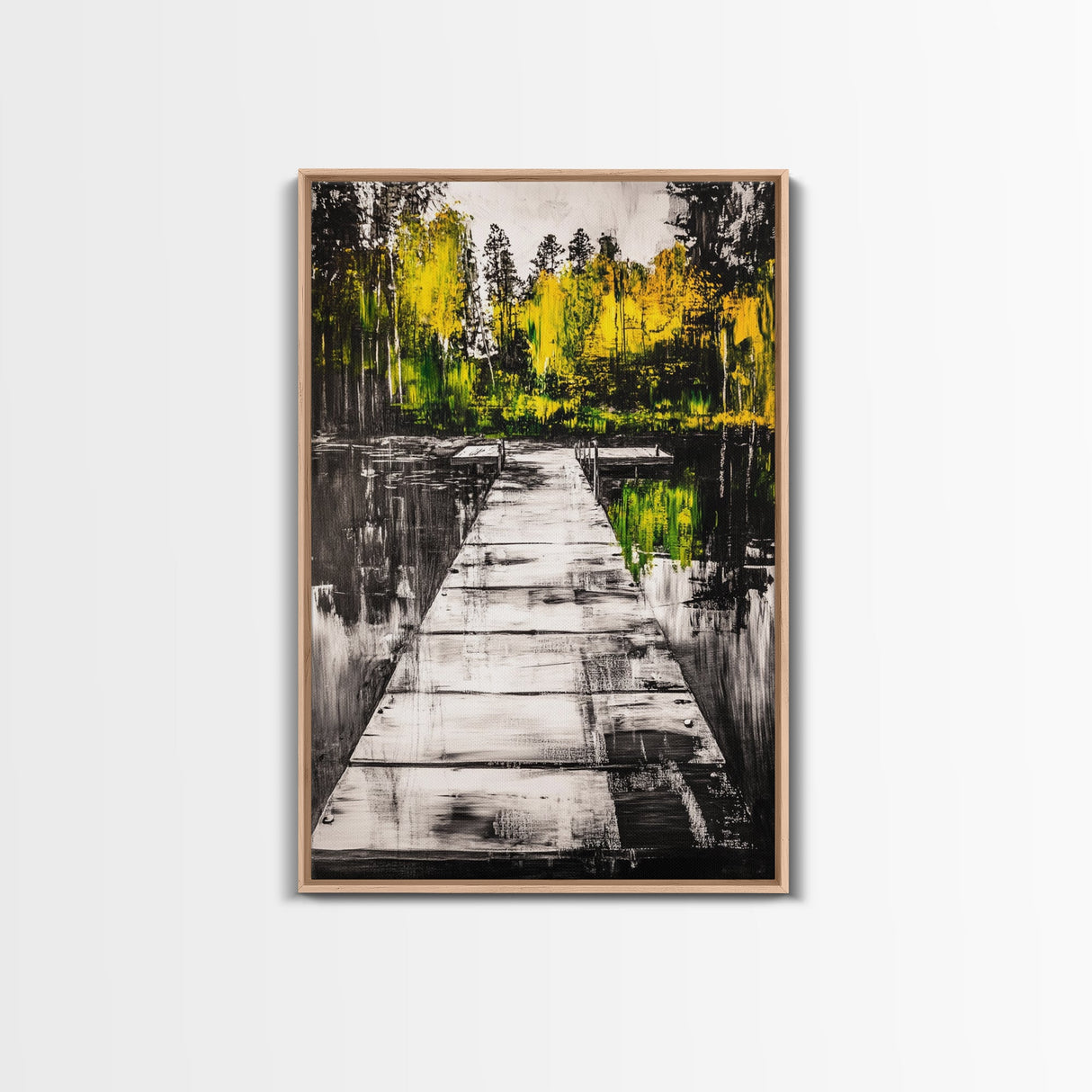 Wooden Dock View, Lake House Art, Nature Landscape Print, Rustic Wall Decor, Framed Canvas Print, Black and White Photography, Cabin Art