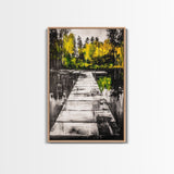 Wooden Dock View, Lake House Art, Nature Landscape Print, Rustic Wall Decor, Framed Canvas Print, Black and White Photography, Cabin Art