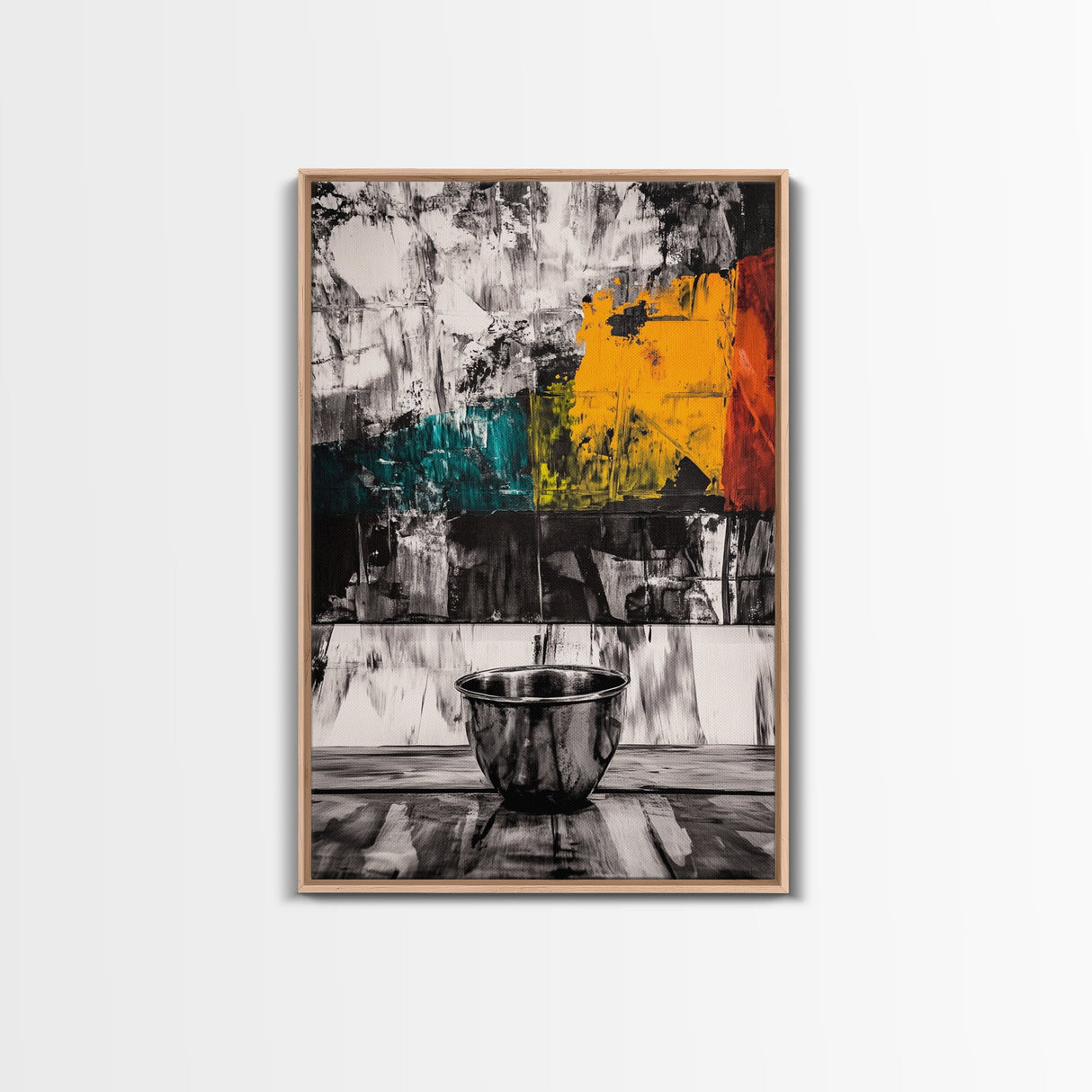 Metal Bowl, Industrial Kitchen Art, Abstract Still Life, Black and White Wall Decor, Modern Framed Canvas Print, Minimalist Aesthetic