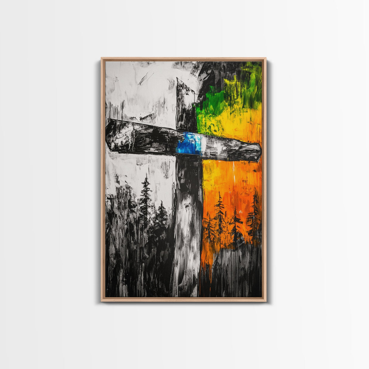 Wooden Cross, Religious Wall Art, Rustic Canvas Print, Faith Inspired, Spiritual Decor, Farmhouse Style, Living Room Art, Bold Colors