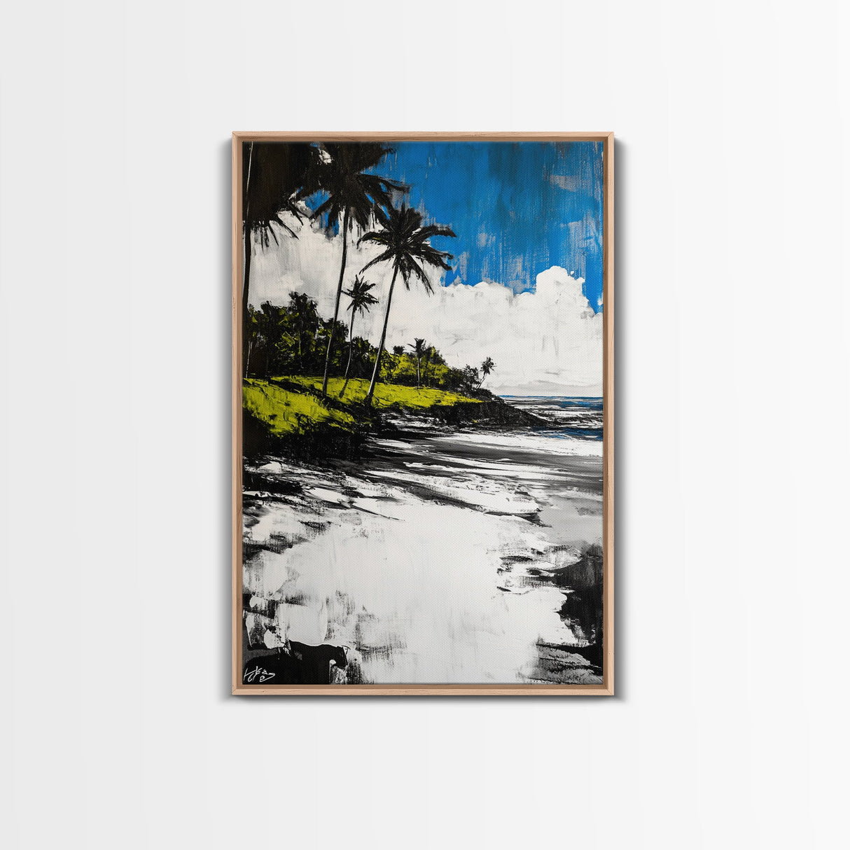 Tropical Beach, Palm Tree Art, Coastal Wall Decor, Canvas Print, Modern Seaside Artwork, Blue and Green Painting, Living Room Statement