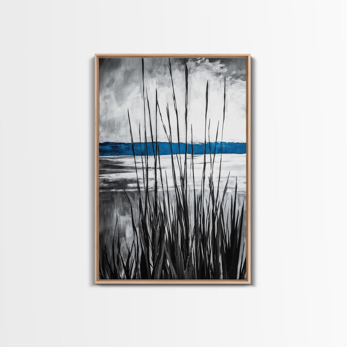 Tall Grass, Serene Lake View, Minimalist Coastal Art, Black White Landscape, Contemporary Home Decor, Canvas Print