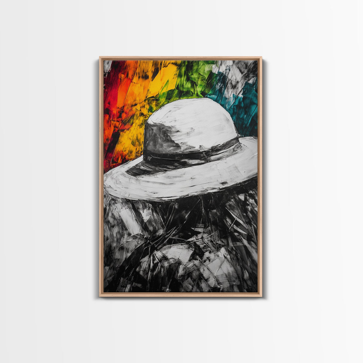 White Hat, Western Art, Framed Canvas Print, Southwestern Decor, Rustic Wall Art, Colorful Abstract Art, Boho Living Room Art