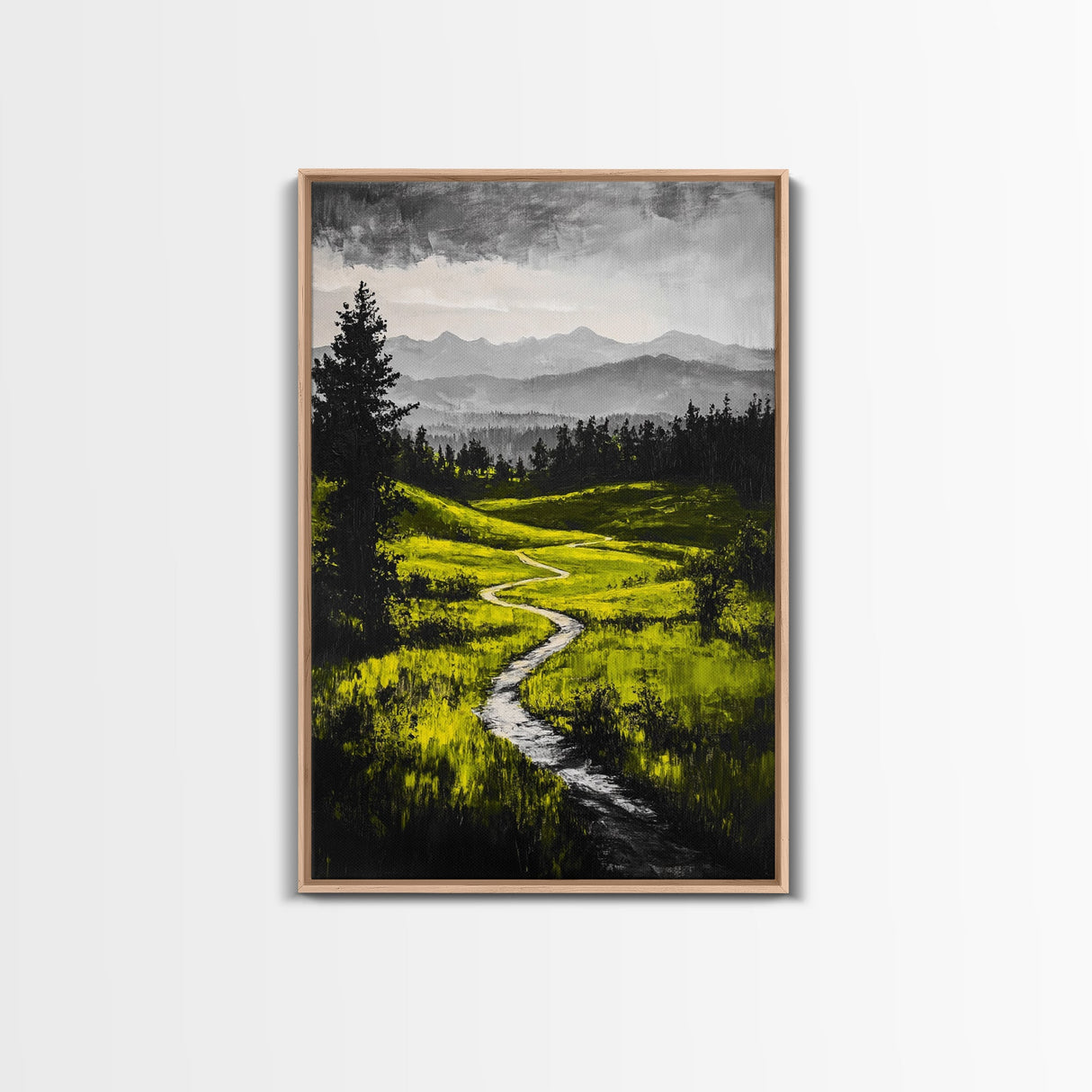 Winding Path, Mountain Meadow, Nature Landscape, Rustic Wall Art, Framed Canvas Print, Farmhouse Decor, Green Hills, Relaxing Art