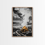 Bonfire on Beach, Coastal Sunset, Framed Canvas Print, Fall Wall Art, Warm Glow Art, Ocean Inspired Decor, Rustic Firelight, Home Accent