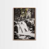 Waterfall Scene, Black and White Art, Forest Wall Decor, Cabin Aesthetic, Adventure Landscape Print, Wilderness Gift, Canvas Print