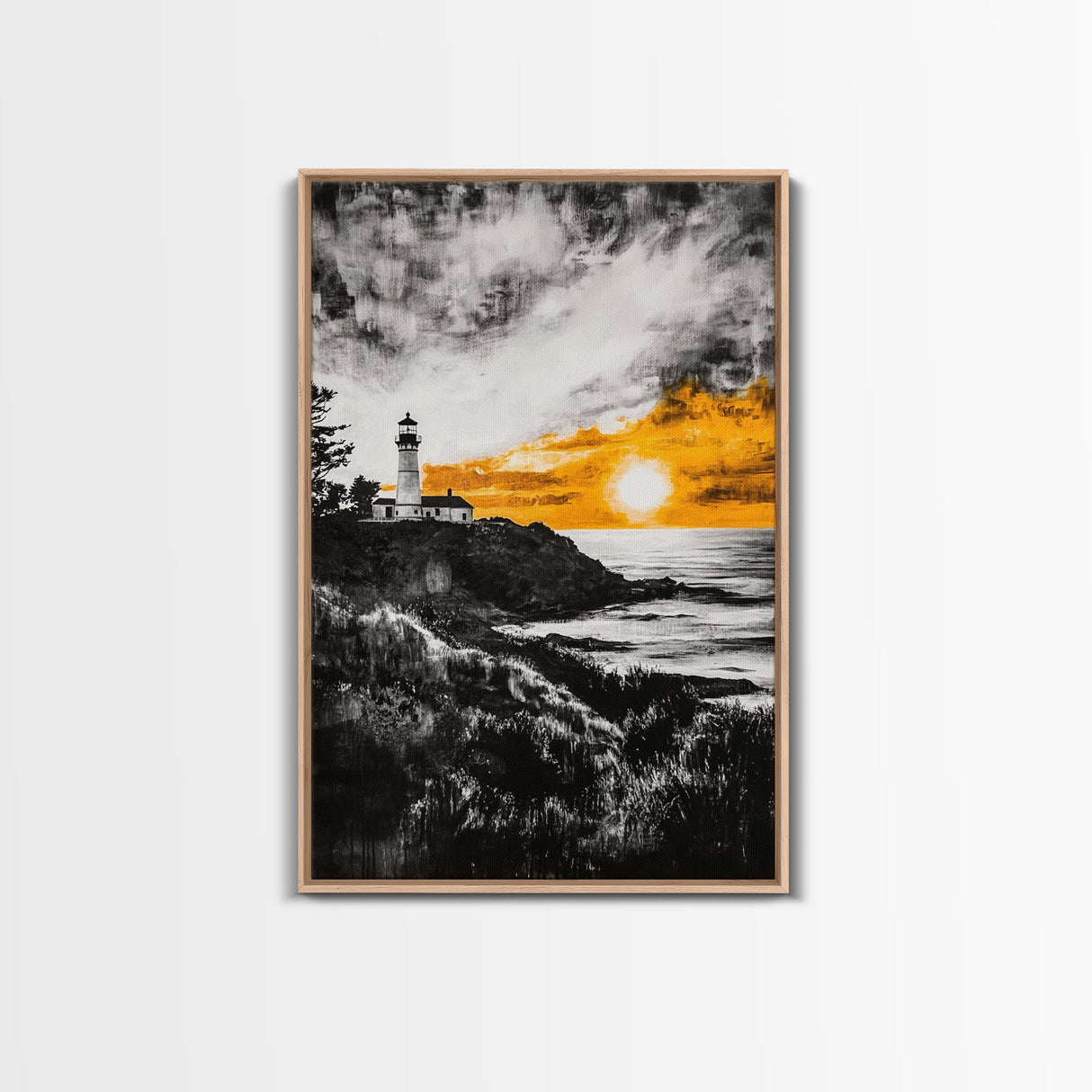 Lighthouse Sunset, Nautical Wall Art, Coastal Painting, Canvas Print, Orange and Black Artwork, Ocean Home Decor, Beach House Design