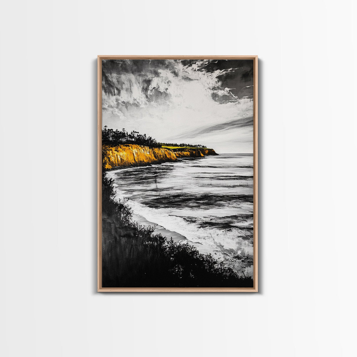 Golden Cliffs, Ocean Landscape, Beach House Wall Art, Canvas Print, Coastal Scene, Black and White Painting, Sunset Inspired Decor