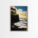 Dramatic Seascape, Cliffside View, Blue and Yellow Art, Canvas Print, Coastal Wall Decor, Beach House Artwork, Contemporary Style