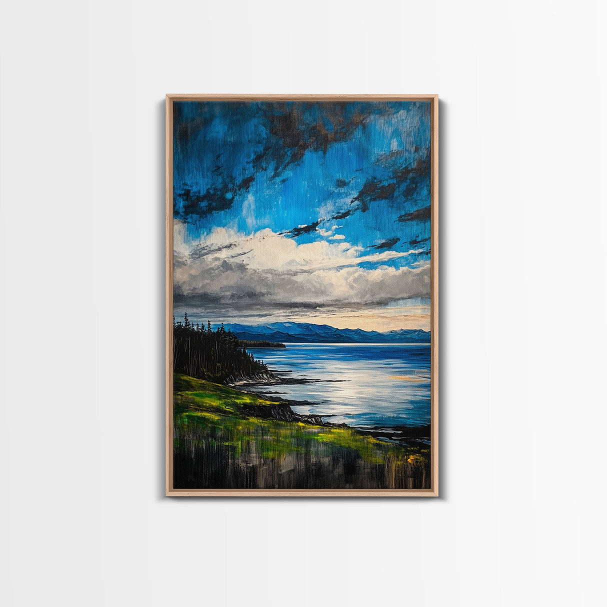 Mountain Lake Art, Nature Print, Landscape Decor, Tranquil Water View, Living Room Wall Art, Cabin Aesthetic, Framed Canvas Print