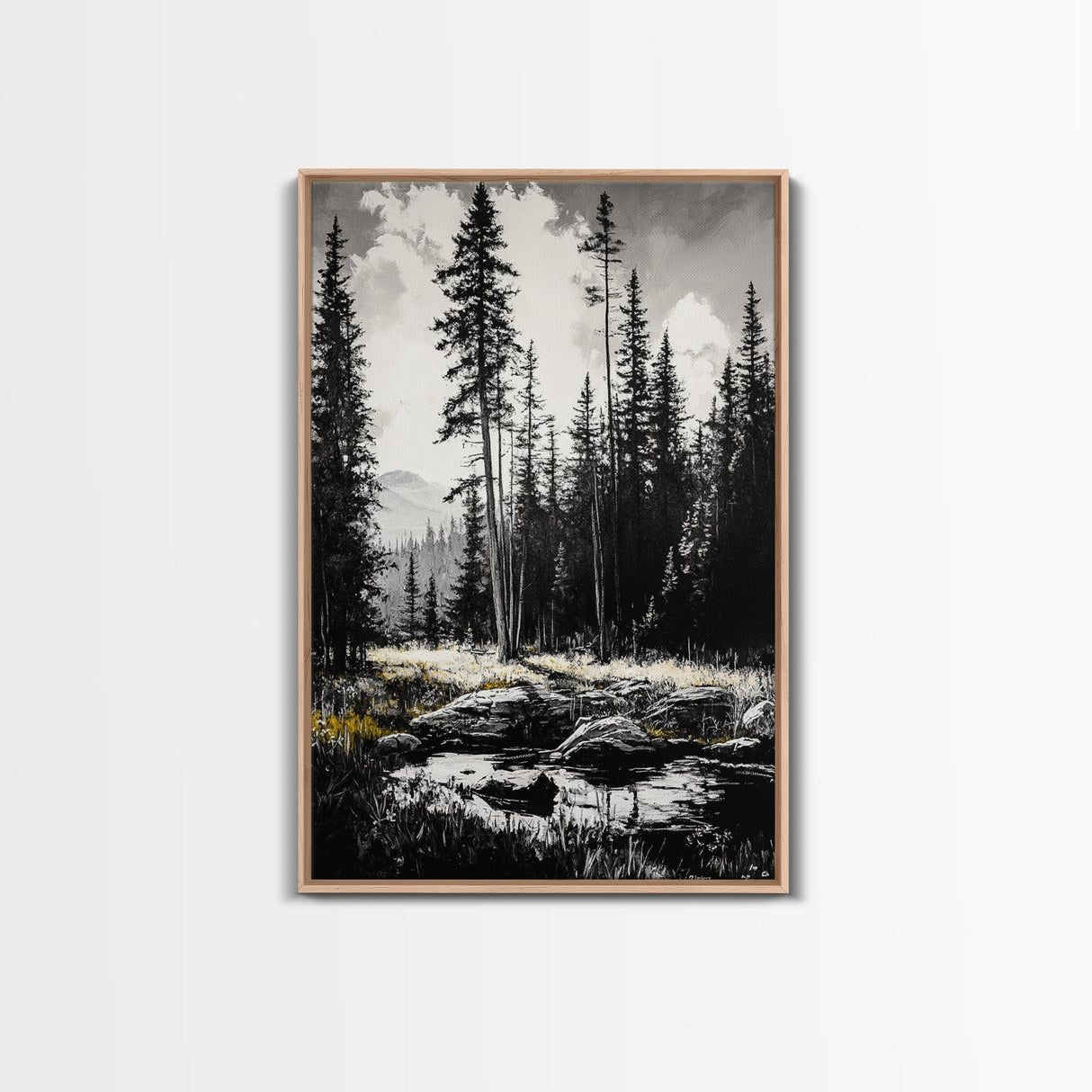 Forest Landscape Print, Black and White Tree Art, Cabin Wall Decor, Nature Inspired Art, Minimalist Scene, Framed Canvas Print