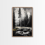 Forest Landscape Print, Black and White Tree Art, Cabin Wall Decor, Nature Inspired Art, Minimalist Scene, Framed Canvas Print