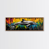 Dolphin Splash, Ocean Wildlife, Framed Canvas Print, Colorful Wall Art, Beach House Decor, Living Room Art, Vibrant Sea Life Painting