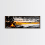 Campfire by Lake, Sunset Landscape Art, Cozy Rustic Print, Fall Wall Decor, Outdoor Adventure Canvas Print, Framed Canvas Print