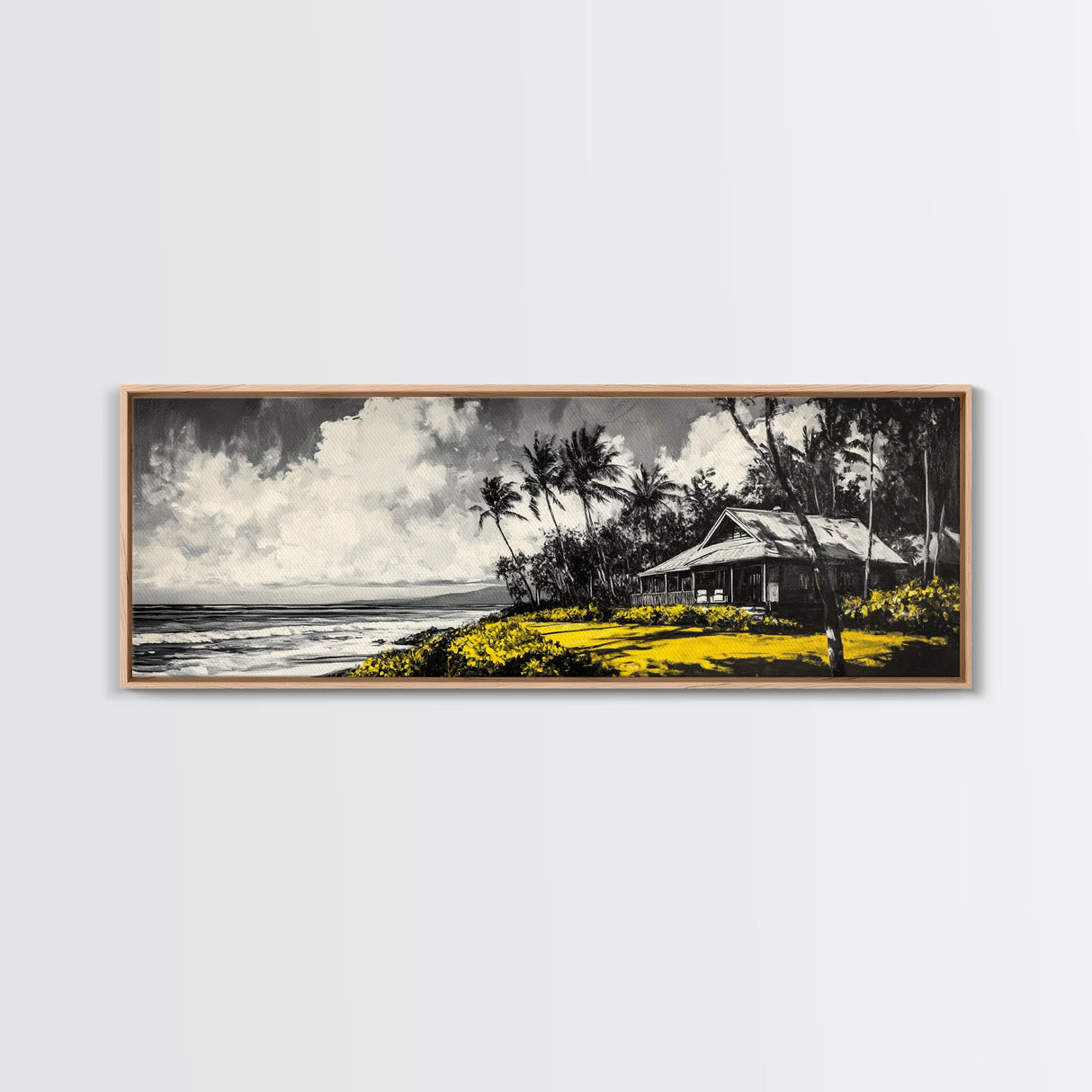 Tropical Beach House, Coastal Landscape Painting, Black and White Palm Tree Print, Island Wall Decor, Relaxing Canvas Print, Framed Canvas Print