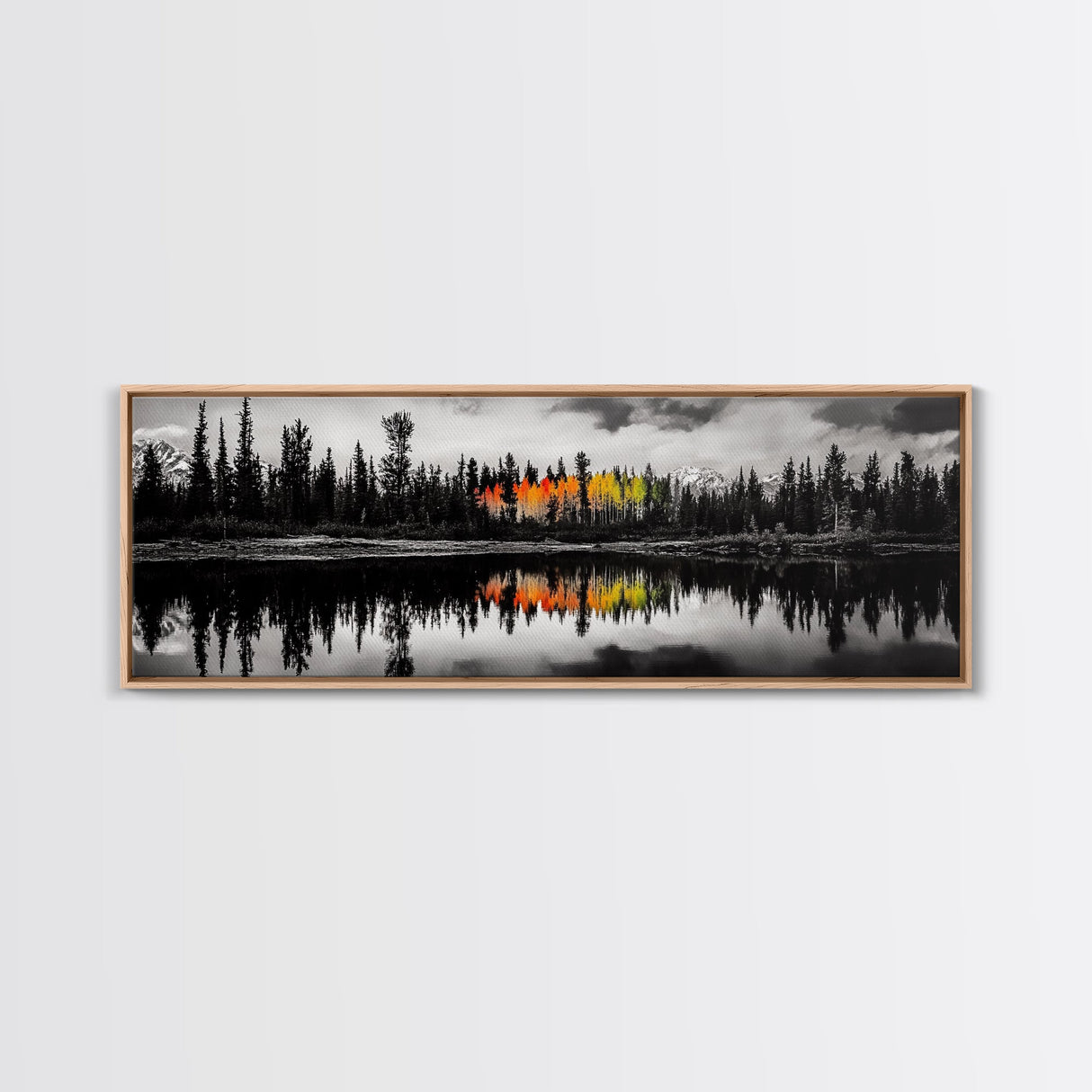 Fall Reflections, Black and White Forest, Vibrant Autumn Colors, Nature Photography, Living Room Wall Art, Canvas Print, Large Wall Art