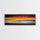 Fiery Sunset, Beach Scene, Ocean Waves, Vibrant Seascape, Framed Canvas Print, Living Room Art, Modern Coastal Wall Art, Beach House Decor