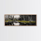 Misty Forest, Mountain Reflections, Black and White Nature Art, Framed Canvas Print, Living Room Decor, Wilderness Wall Art, Scenic Landscape