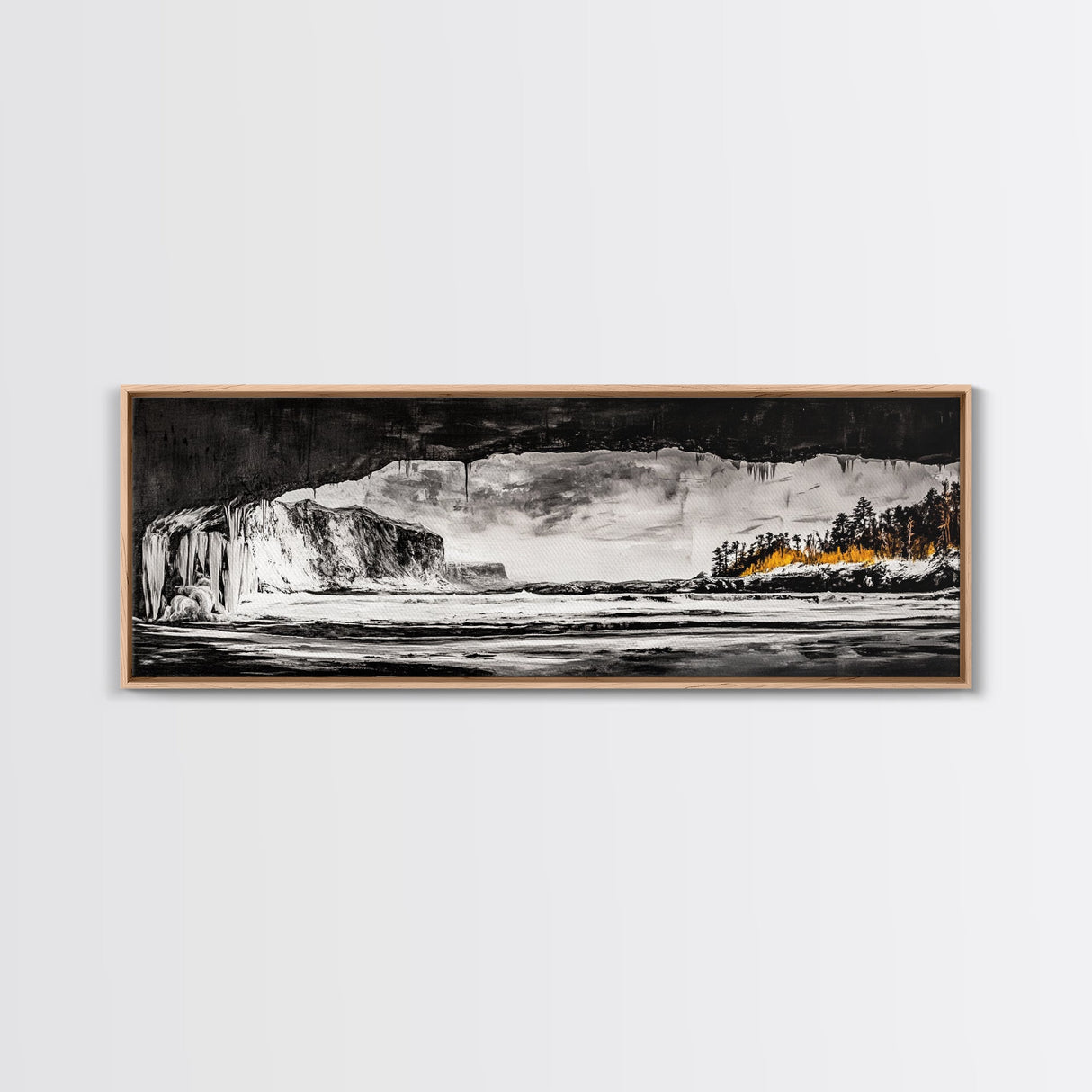 Frozen Cave, Monochrome Landscape, Framed Canvas Print, Winter Wall Art, Dramatic Nature Scene, Home Office Decor, Unique Black and White Art