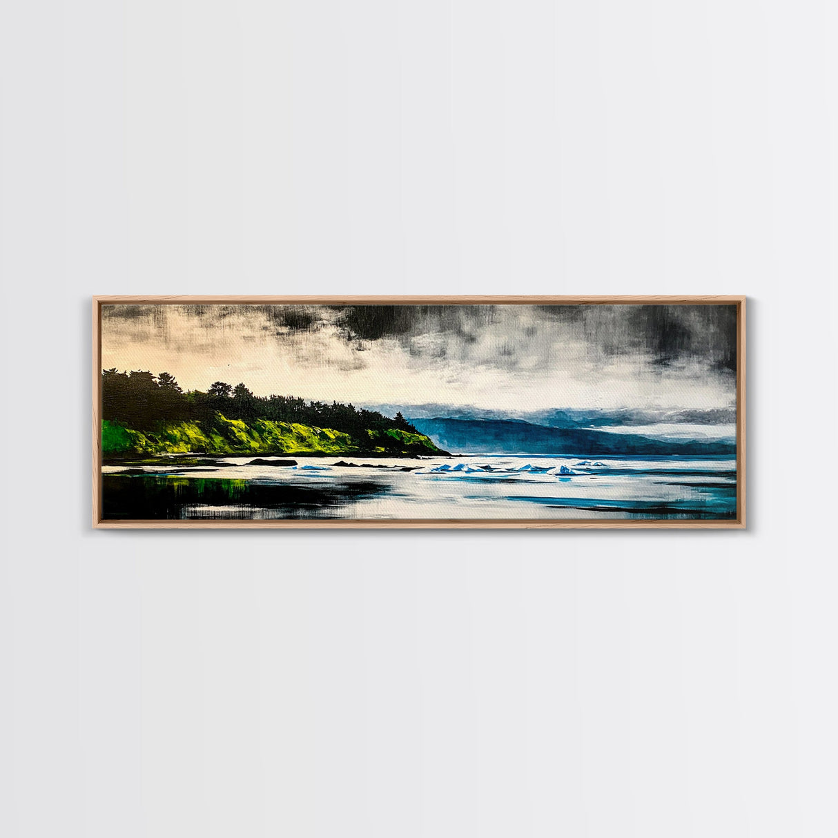 Coastal Wilderness, Green Cliffs and Water, Framed Canvas Print, Modern Nature Art, Living Room Wall Art, Bold Landscape Painting, Serene Decor