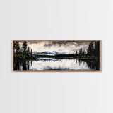 Mountain Reflection, Tranquil Lake Art, Black and White Landscape, Nature Inspired Decor, Framed Canvas Print, Cabin Wall Art, Moody Forest Scene