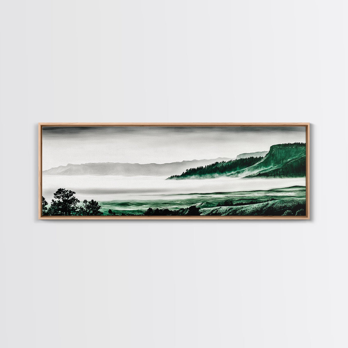 Foggy Mountains, Misty Forest Scene, Serene Nature Art, Minimalist Wall Decor, Framed Canvas Print, Bedroom Wall Art, Green Tones, Tranquil Vibes