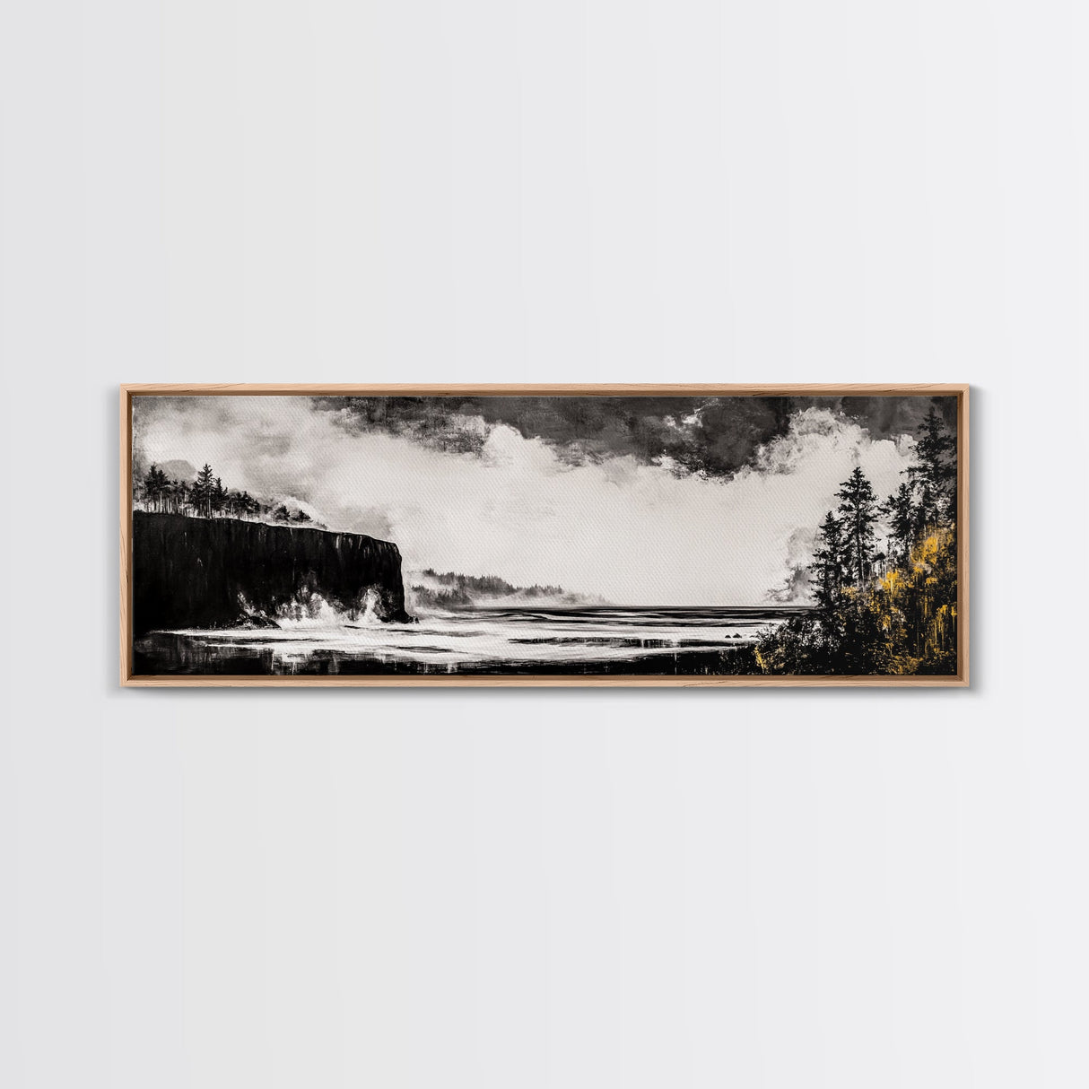 Cliffside Ocean, Dramatic Seascape, Moody Coast, Monochrome, Framed Canvas Print, Coastal Wall Art, Nautical Decor, Large Wall Art