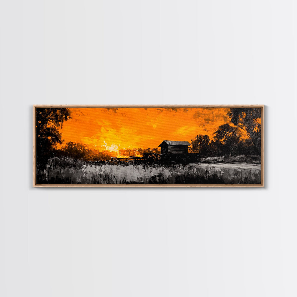 Farm Sunset, Old Barn, Fiery Sky, Rustic Landscape, Framed Canvas Print, Country Wall Art, Western Home Decor, Harvest Season Artwork