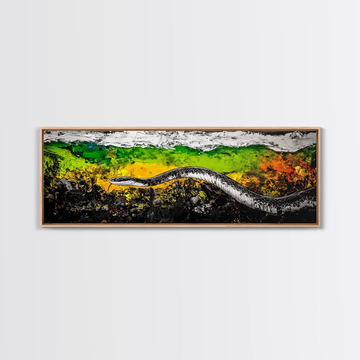 Abstract Snake, Vibrant Reptile Art, Jungle Theme, Wildlife Painting, Green and Yellow, Bold Nature Print, Framed Canvas Print