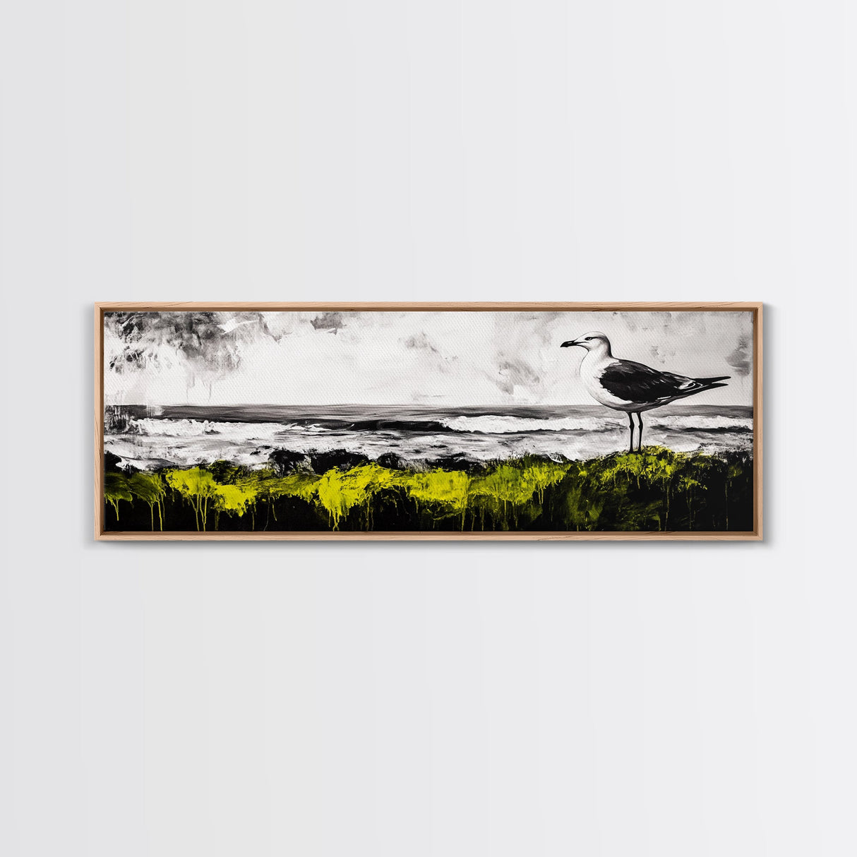 Seagull Perch, Ocean Shore, Moody Sky, Framed Canvas Print, Coastal Wall Art, Beach House Decor, Nautical Artwork, Nature Inspired