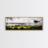 Seagull Perch, Ocean Shore, Moody Sky, Framed Canvas Print, Coastal Wall Art, Beach House Decor, Nautical Artwork, Nature Inspired