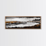 Snowy River Artwork, Mountain Landscape Painting, Rustic Winter Decor, Black and White Wall Art, Nature Print, Living Room Art, Canvas Print