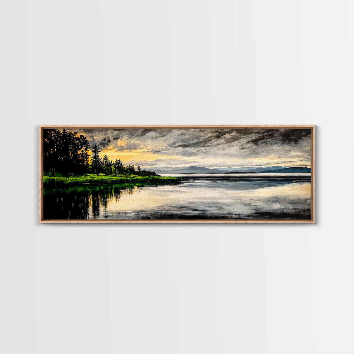Lake Sunset Art, Landscape Painting, Nature Wall Decor, Tranquil Water Reflection, Rustic Home Art, Living Room Wall Art, Framed Canvas Print