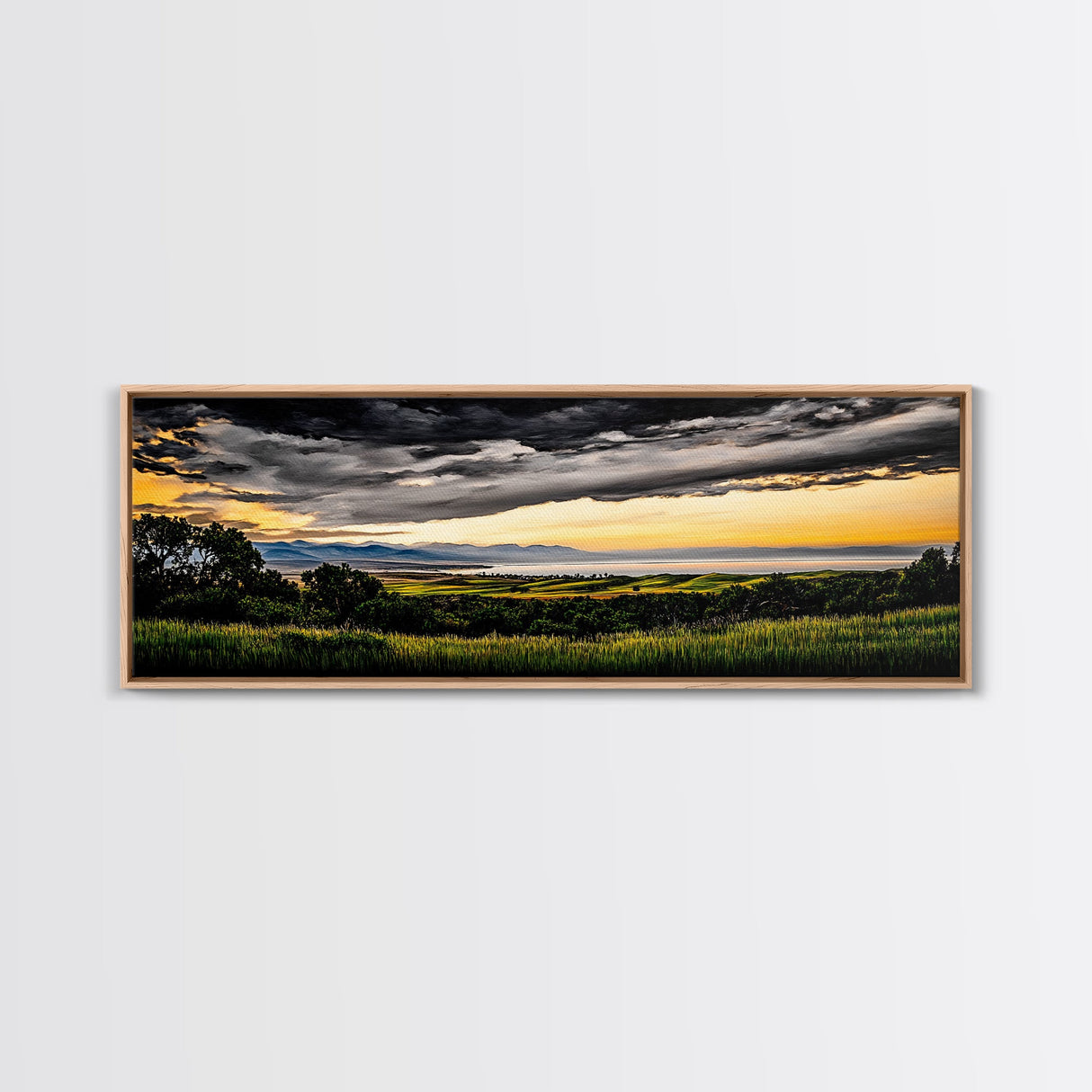 Golden Field, Sunset Overlook, Nature Landscape, Framed Canvas Print, Dramatic Sky, Rolling Hills, Rustic Farmhouse Decor, Large Wall Art