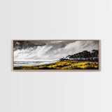 Coastal Serenity, Yellow Field, Stormy Sky, Canvas Print, Ocean Landscape, Beach House Art, Modern Nature Painting, Living Room Wall Decor