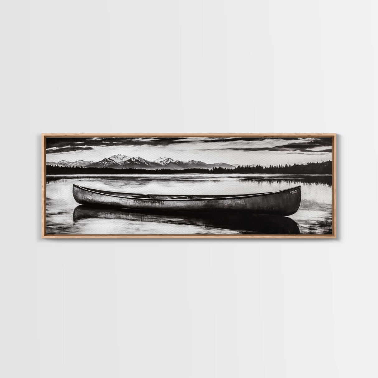 Mountain Reflections, Canoe Art, Wilderness Wall Decor, Canvas Print, Black and White Landscape, Lake House Art, Rustic Cabin Art