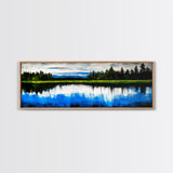 Lake Reflection, Blue Sky, Green Landscape, Framed Canvas Print, Large Wall Art, Nature Painting, Office Decor, Living Room Wall Art